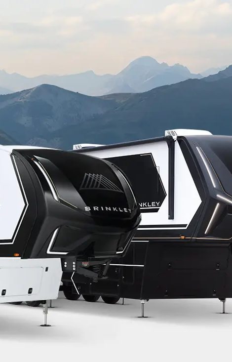 Travel trailer in a mountain landscape